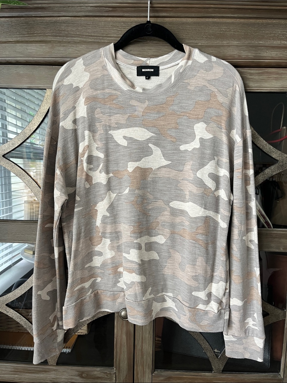 Monrow Neutral Camo Crewneck Pullover in Beige and Gray
